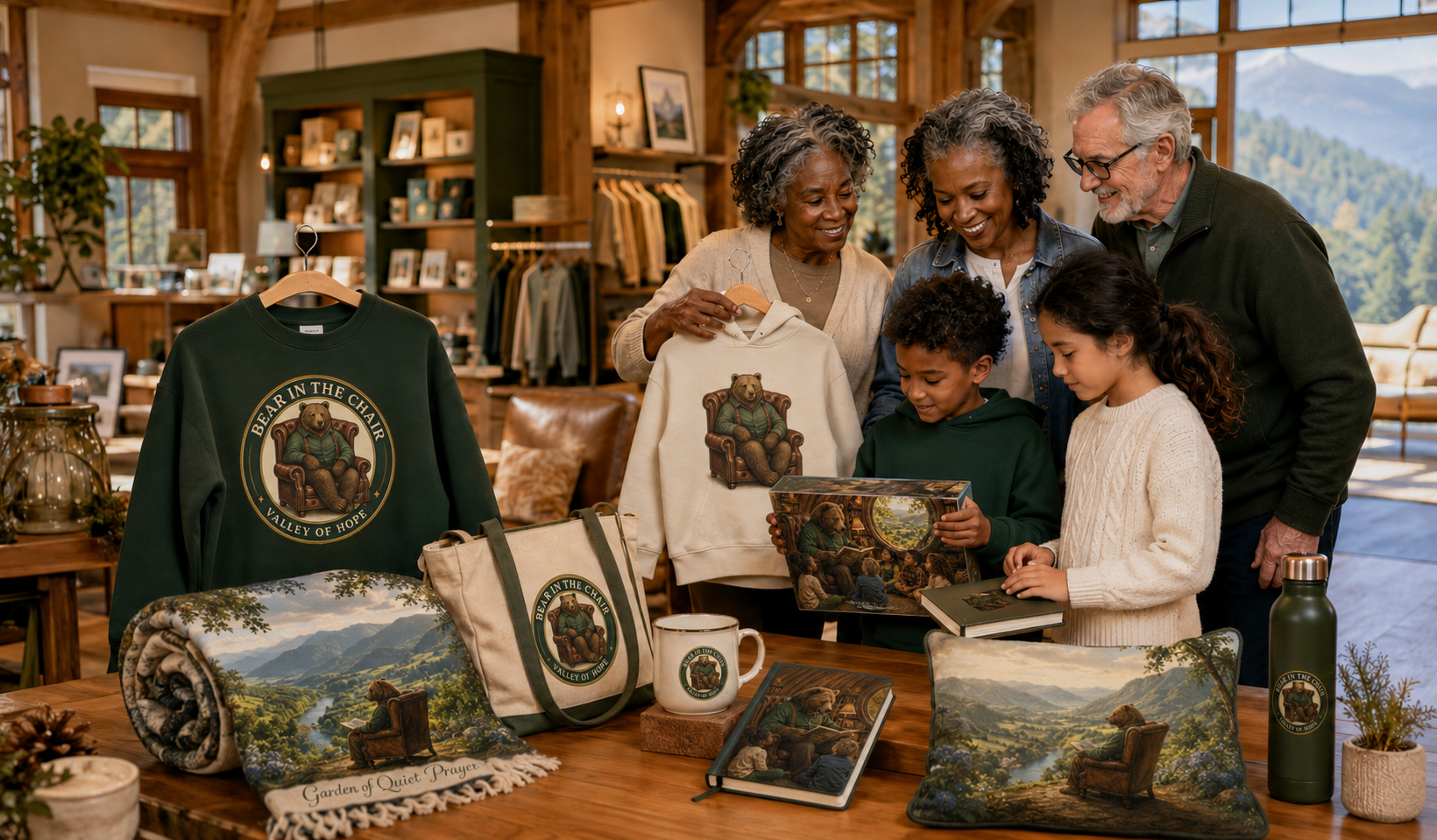 A family exploring branded Bear in the Chair apparel, home goods, and gifts