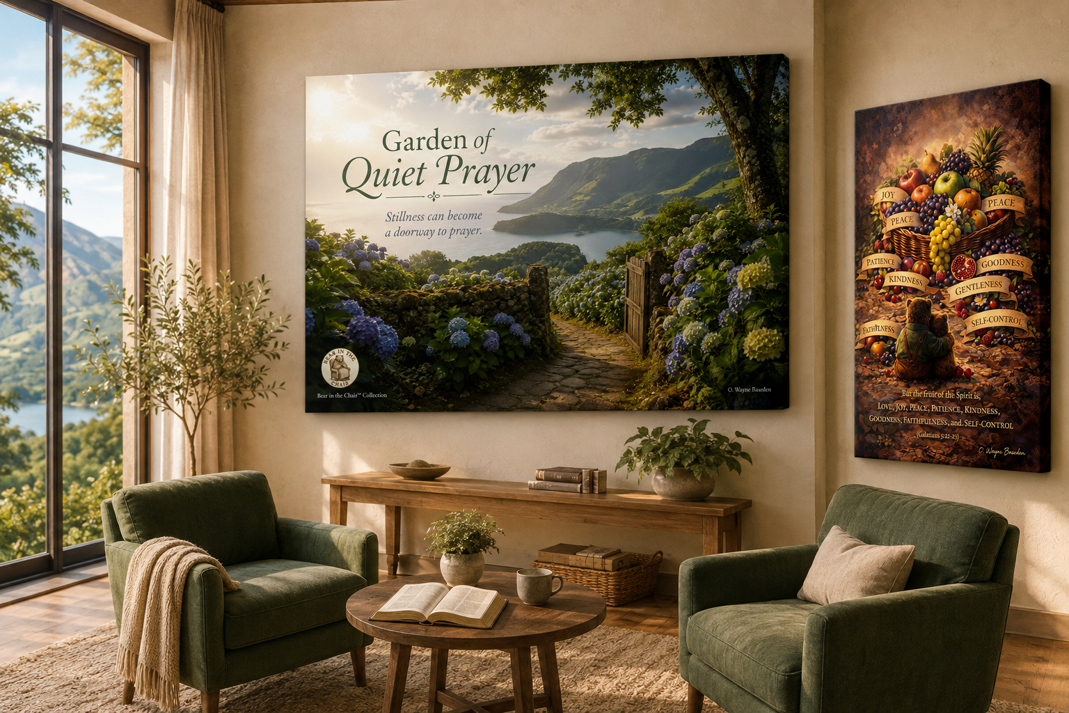 Garden of Quiet Prayer and Fruits of the Spirit displayed as premium frameless canvases