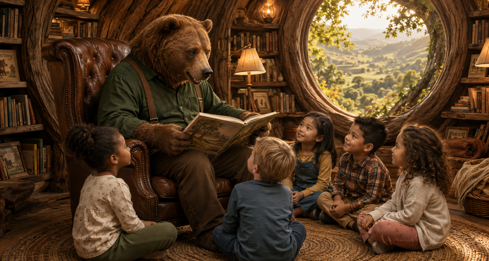 Papa Bear reading with children in the Library of Wonder