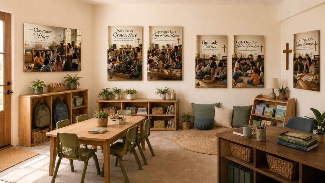 A complete Classroom of Hope church-room vision with coordinated canvas artwork