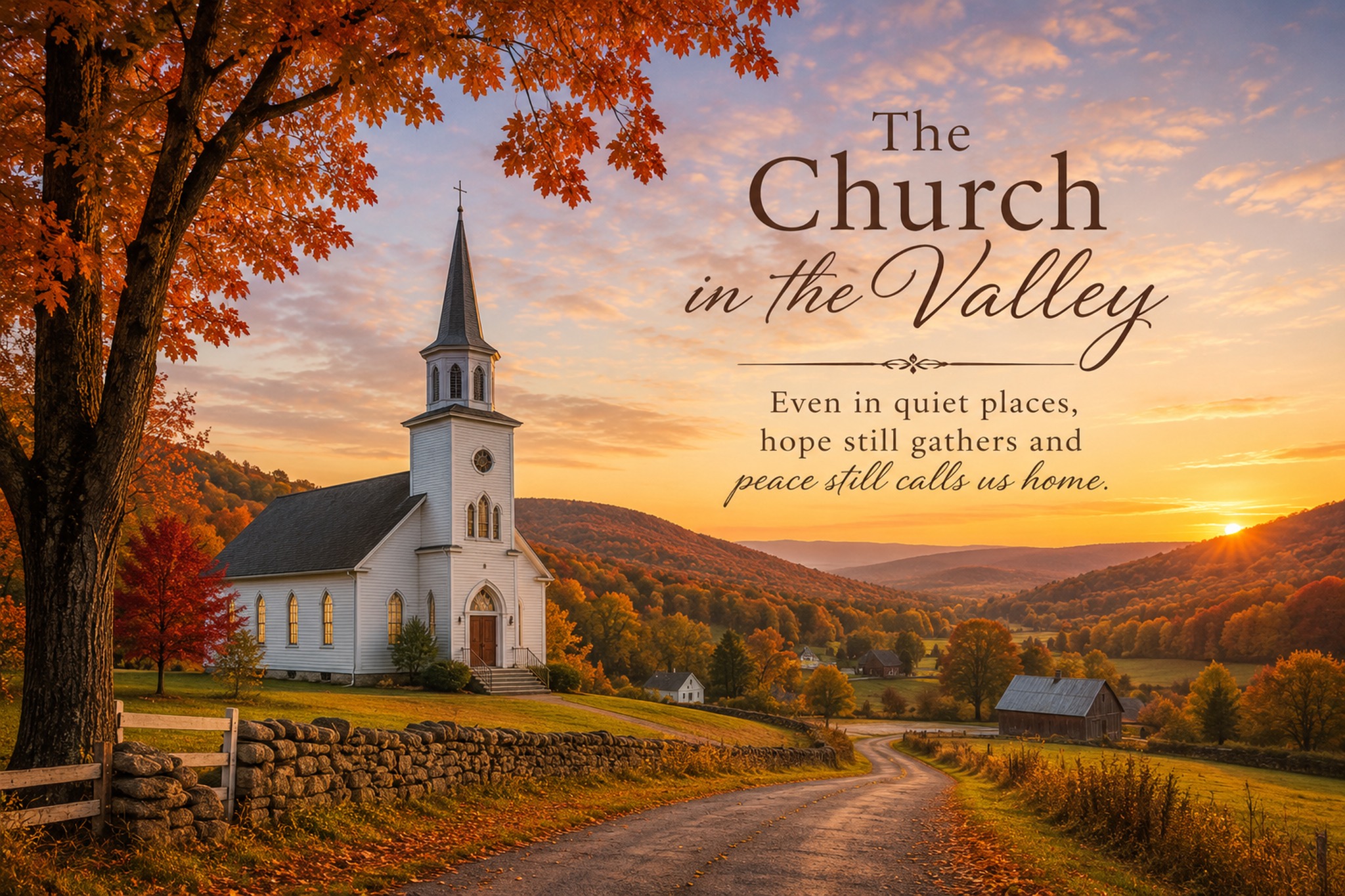 The Church in the Valley beneath autumn trees and a glowing sunset