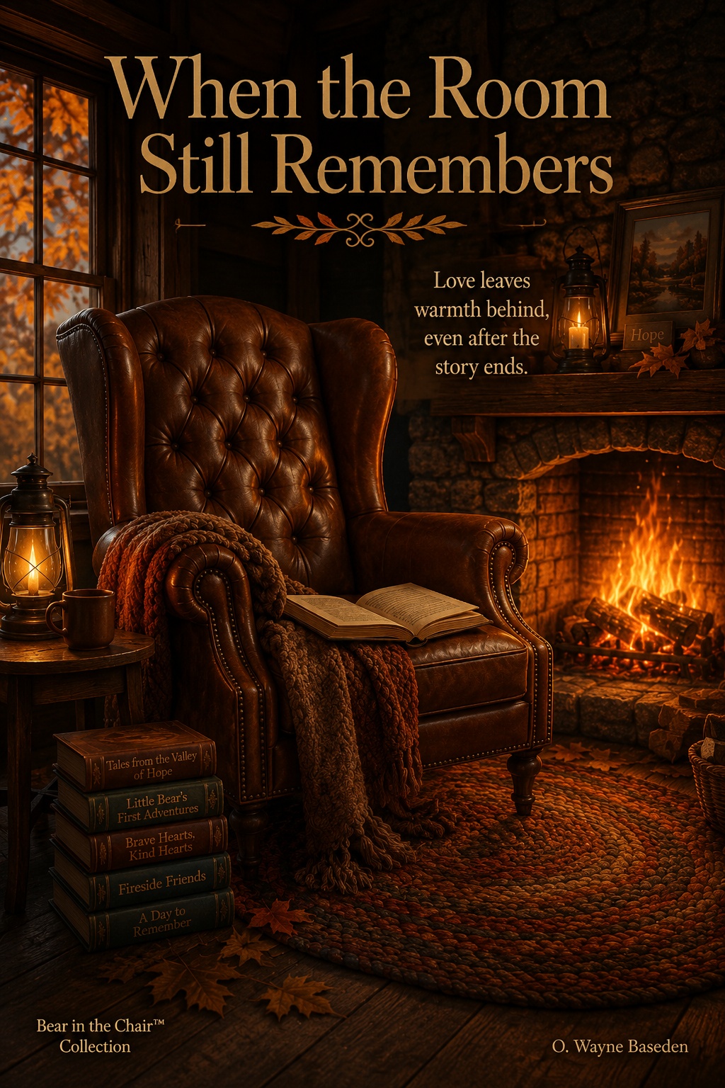 When the Room Still Remembers, a high-backed chair beside a glowing autumn fireplace