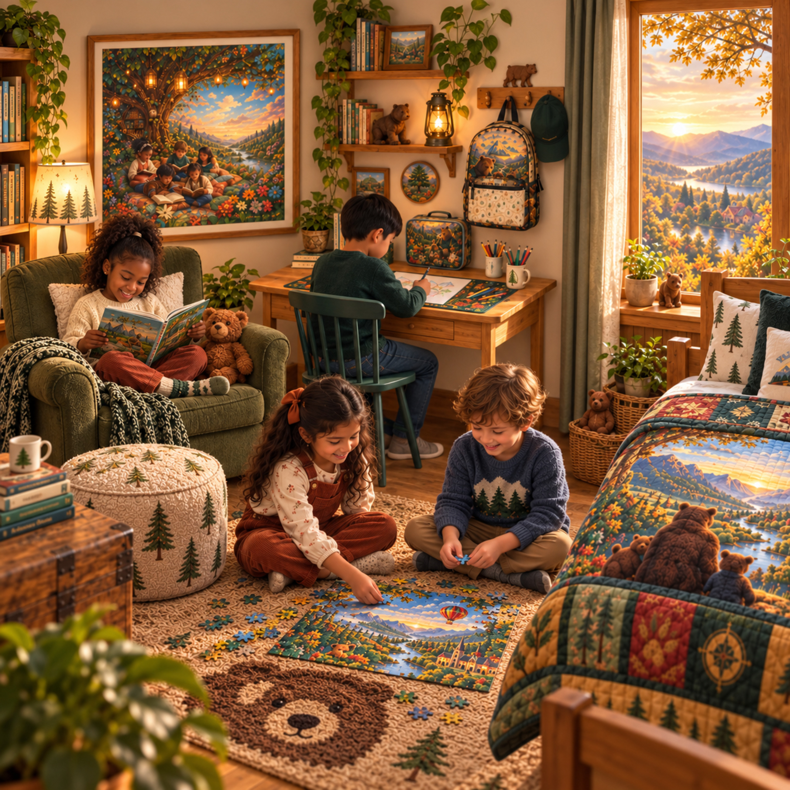 Four children from diverse backgrounds reading, drawing, and completing a puzzle in a coordinated Kids of Hope room