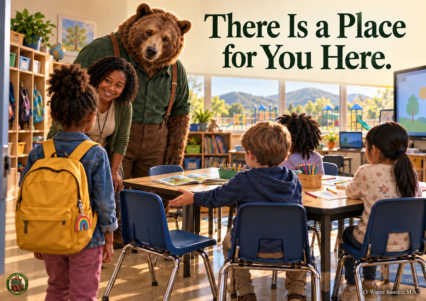 A teacher and Papa Bear welcome a student into a diverse classroom, beneath the message ‘There Is a Place for You Here.’